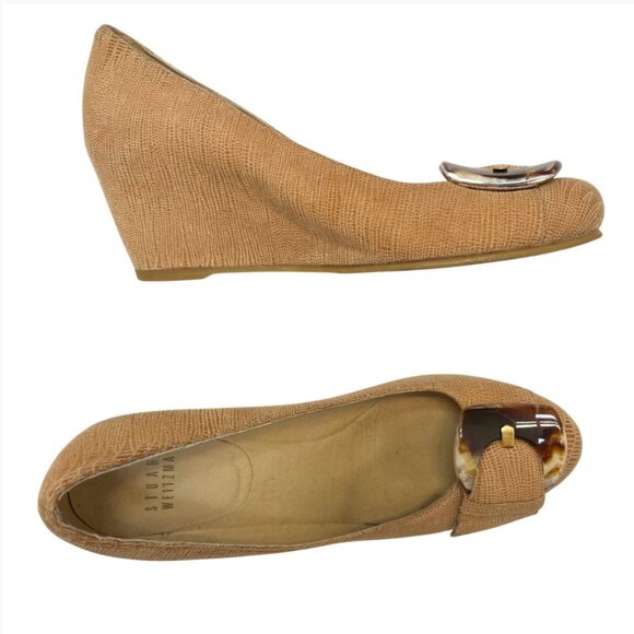 Stuart Weitzman Sz 6.5 Tan Leather Bucalina Tortoiseshell Buckle Round Toe Wedge - Picture 5 of 7